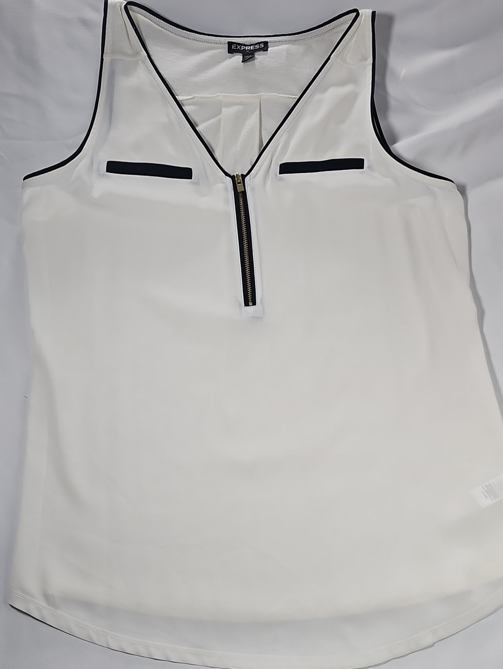 Express White Sleeveless Zip Front Shell with Black Piping